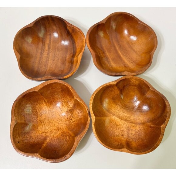 9 Piece Monkey Pod Wood Salad Serving Bowl Set Mid Century Scalloped - Picture 6 of 11